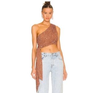Retrofete One-Shoulder Sequin Crop Top in Copper